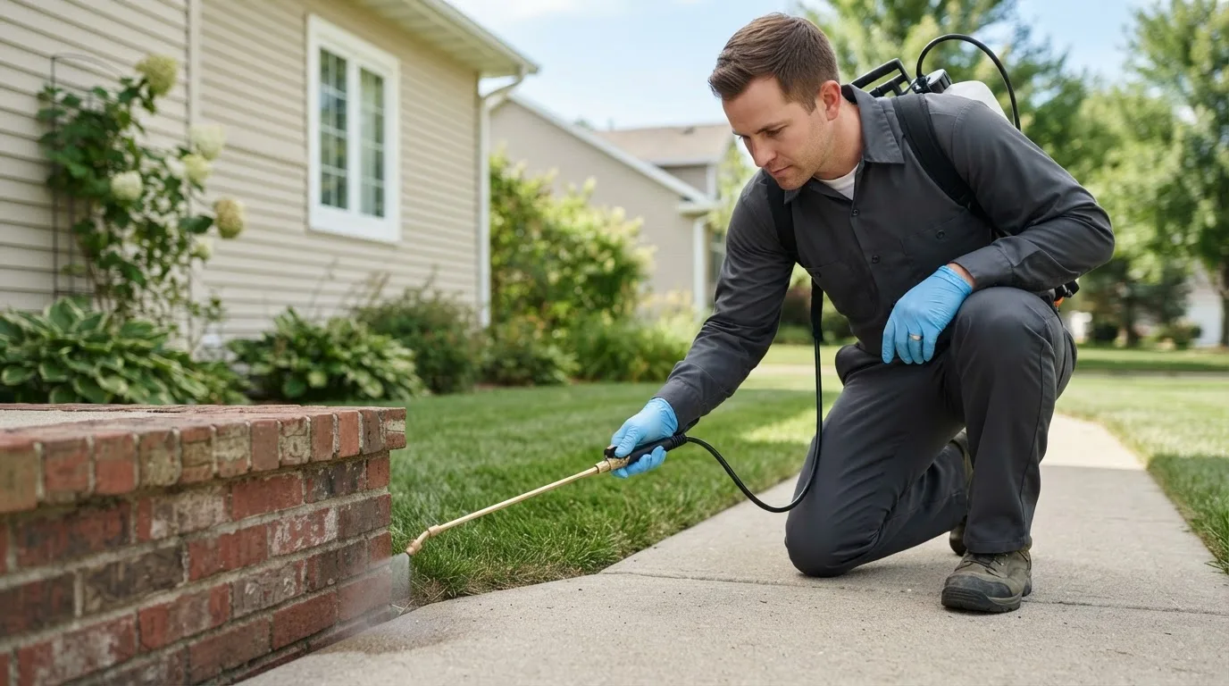 Pest control technician treating a home near Faith, SD